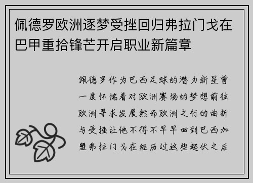 佩德罗欧洲逐梦受挫回归弗拉门戈在巴甲重拾锋芒开启职业新篇章