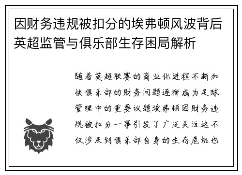 因财务违规被扣分的埃弗顿风波背后英超监管与俱乐部生存困局解析